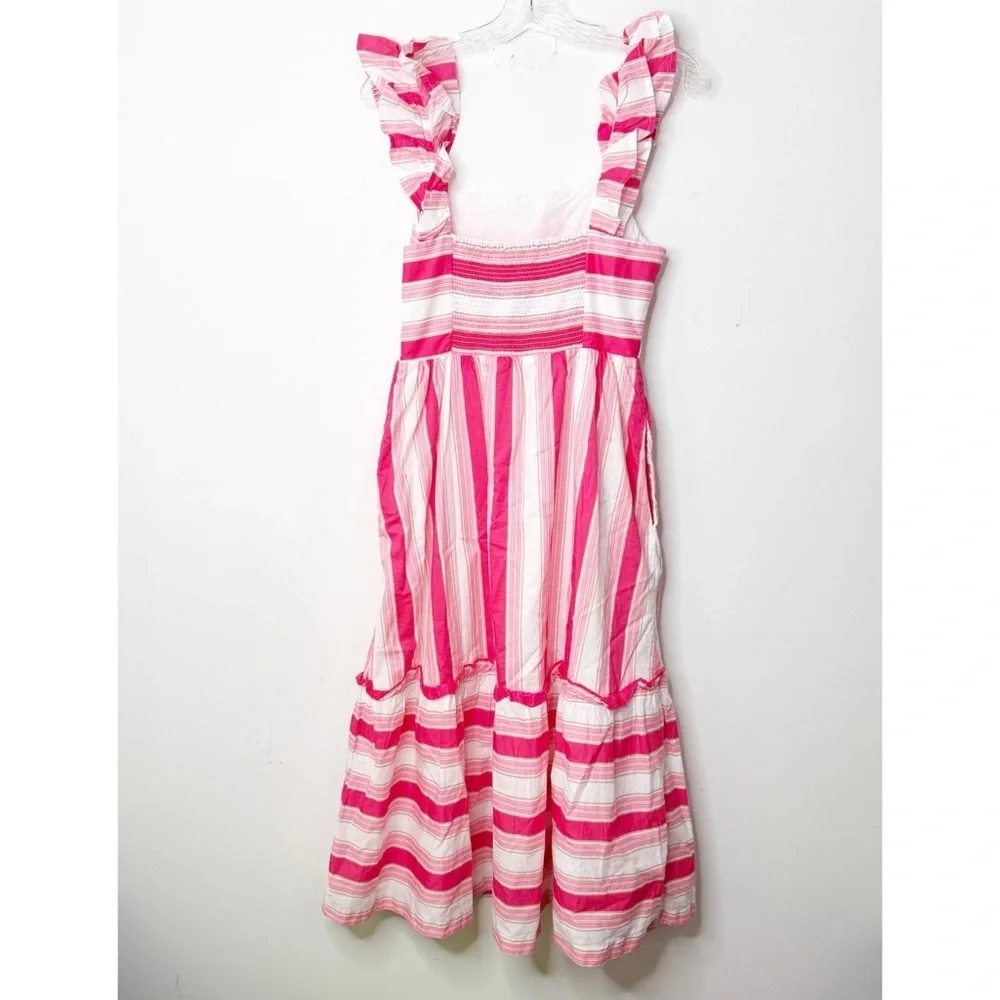 J. CREW | Striped Pink and White 100% Cotton Ruffle Straps Midi Dress Sz. 6